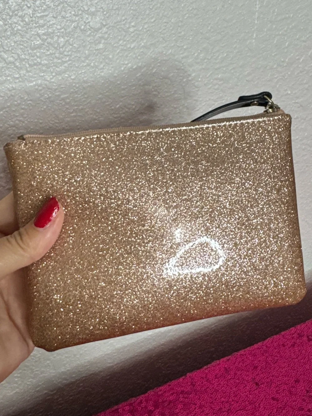 KATE SPADE 🌹🌟 Rose Gold Sparkly Glitter Zip Pouch, Mini Clutch Purse - 4 x 6”